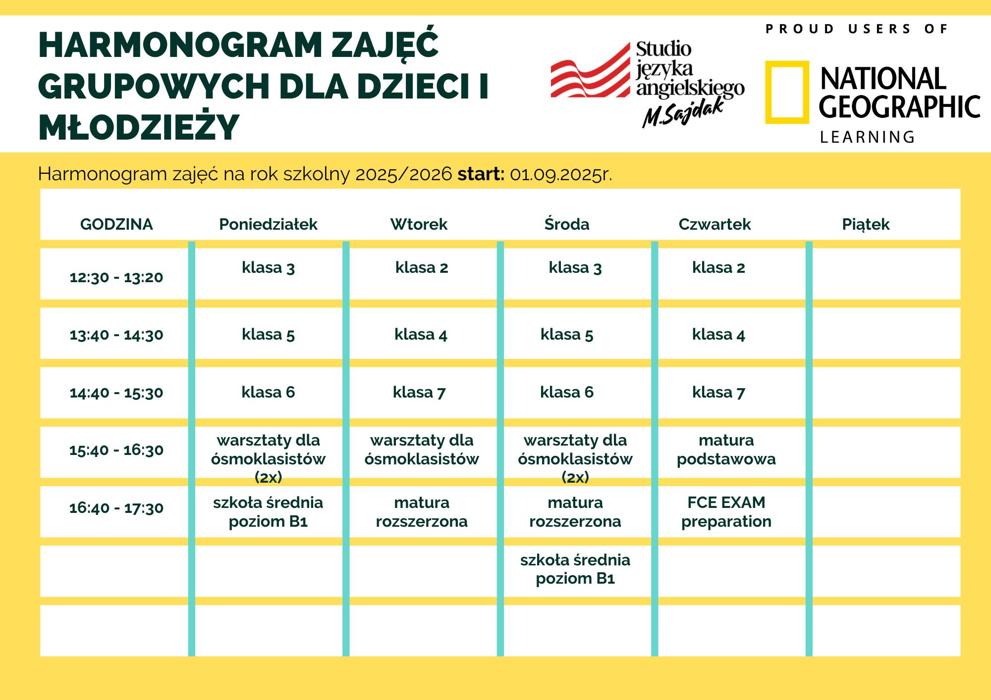 Grafik zajęć Studio Języka Angielskiego Marcelina Sajdak od września 2025